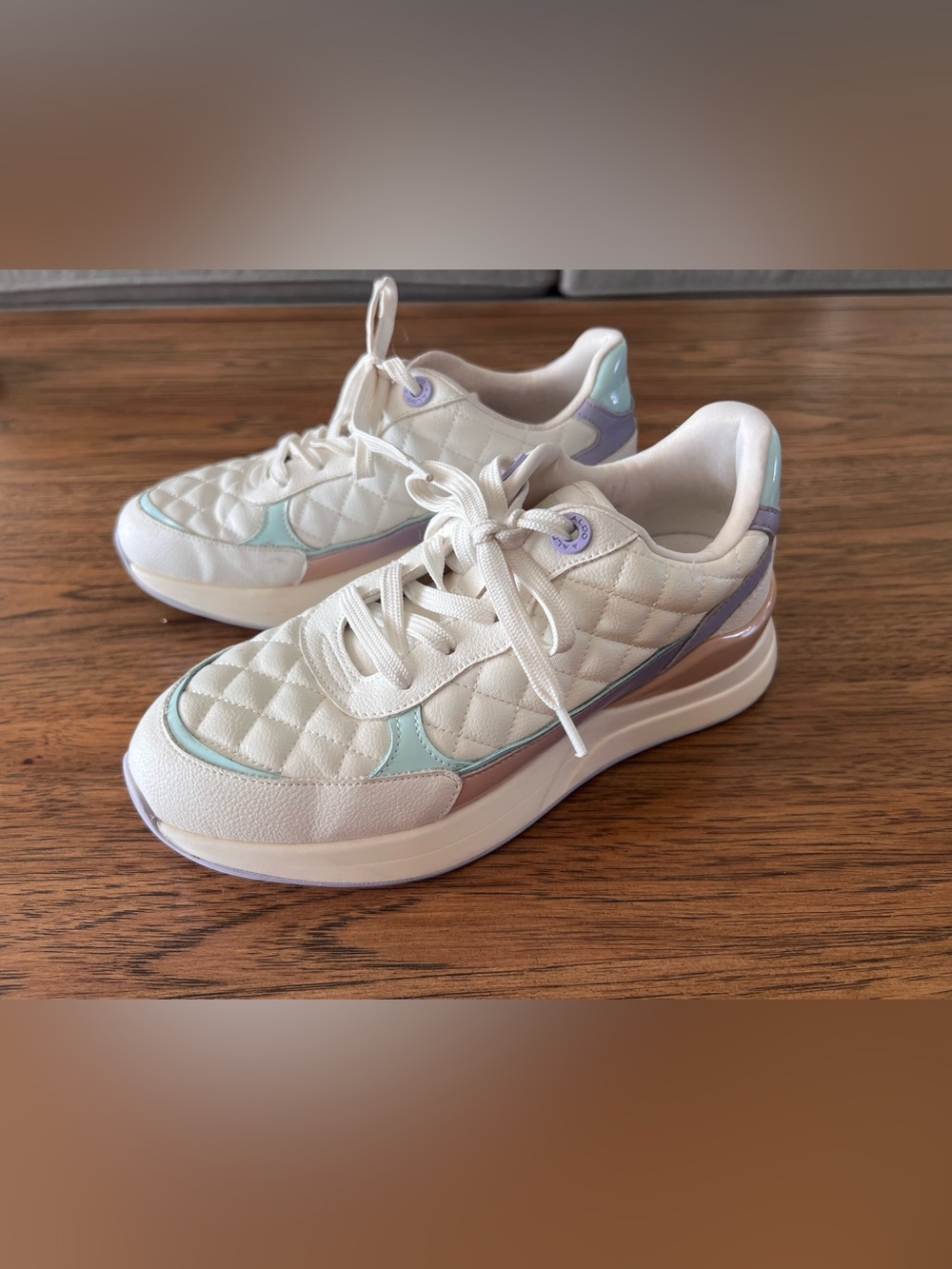 Aldo White Quilted Sneakers with Mint & Lavender Accents